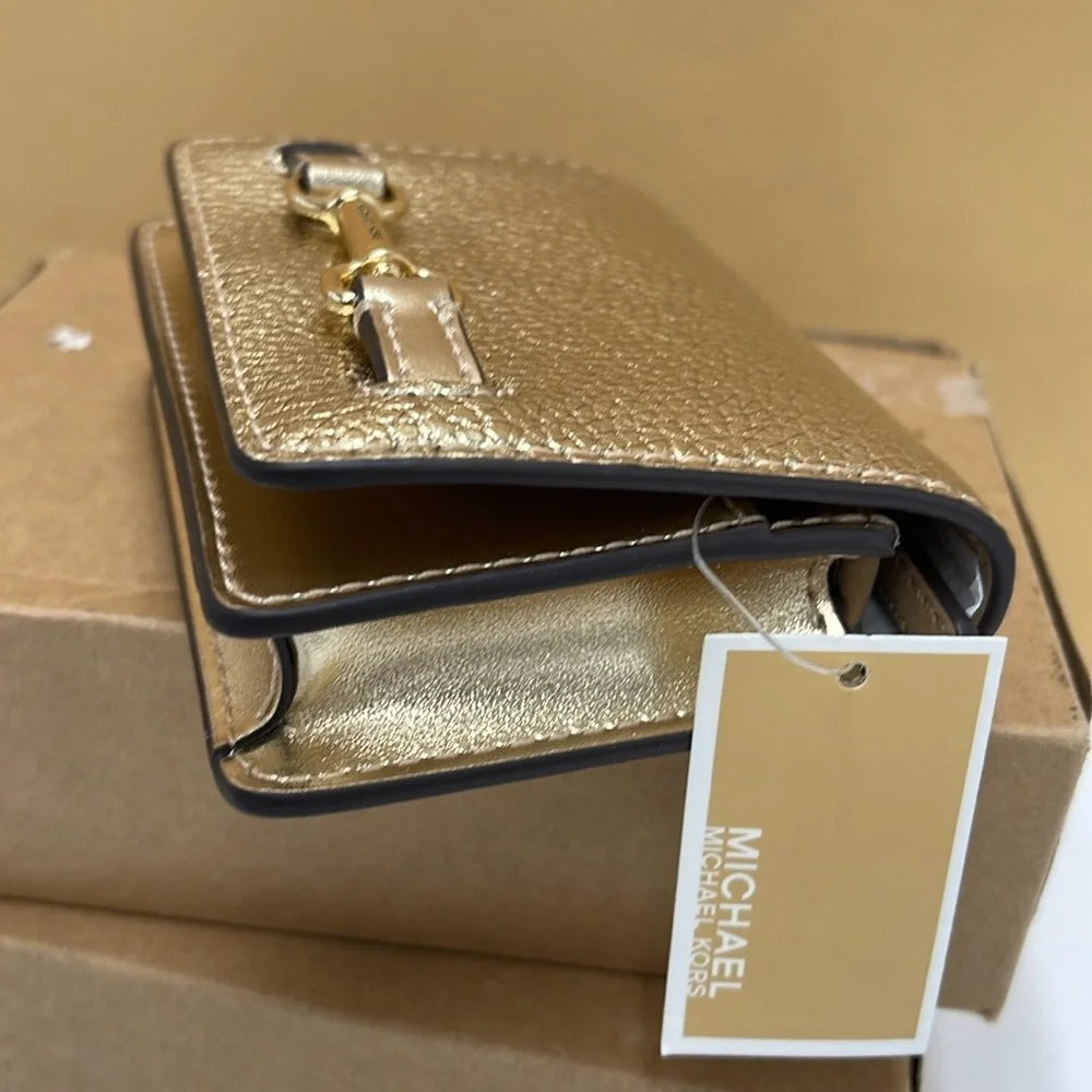 MICHAEL KORS Carson Small Metallic Pebbled Leather Wallet Pale Gold  NWT